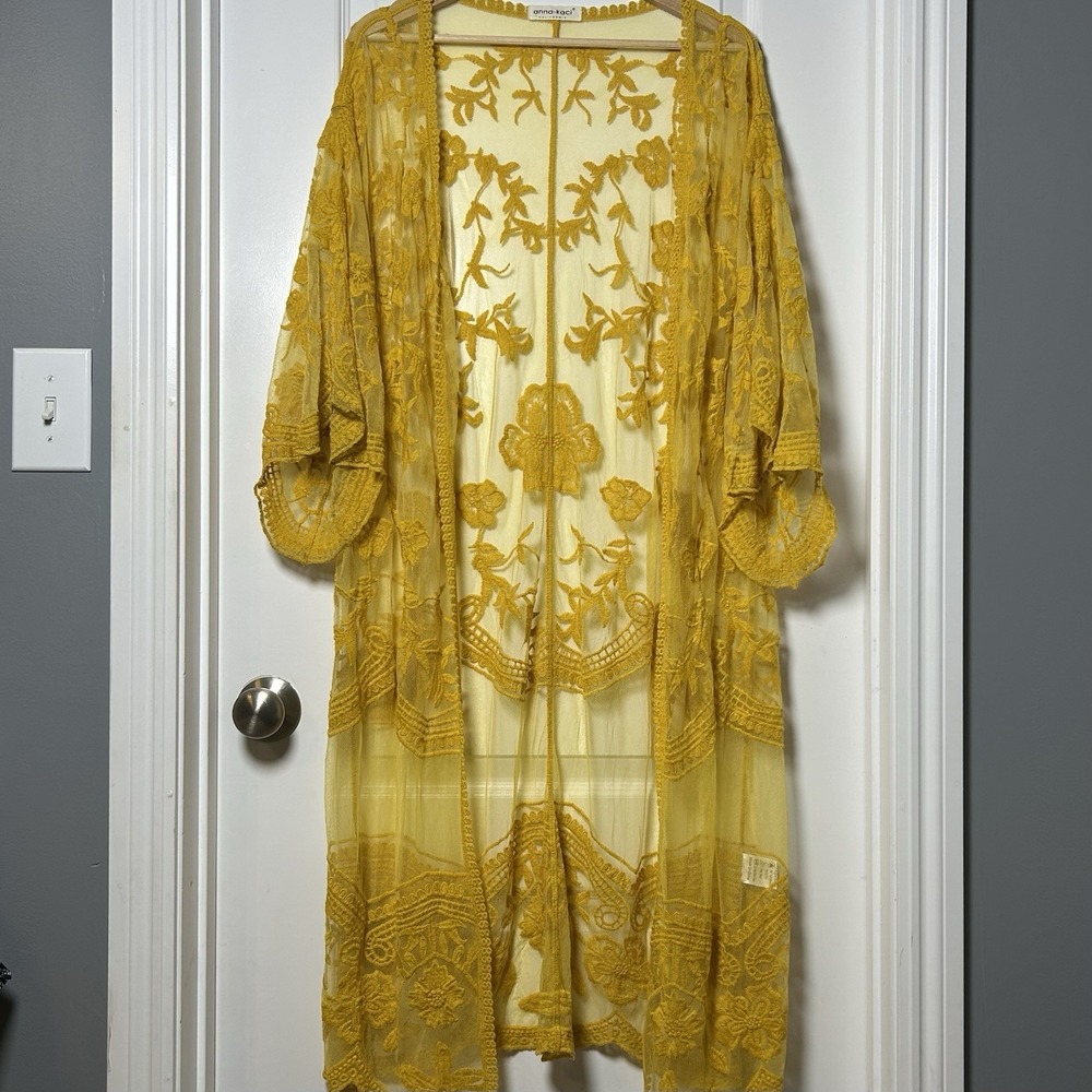 Anna-Kaci California Yellow Floral Embroidered Sheer Mesh Lace Duster Kimono